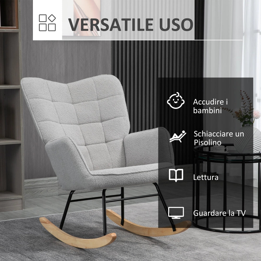 Poltrona a Dondolo Imbottita Rivestimento Bouclé 71x98x101 cm Grigio