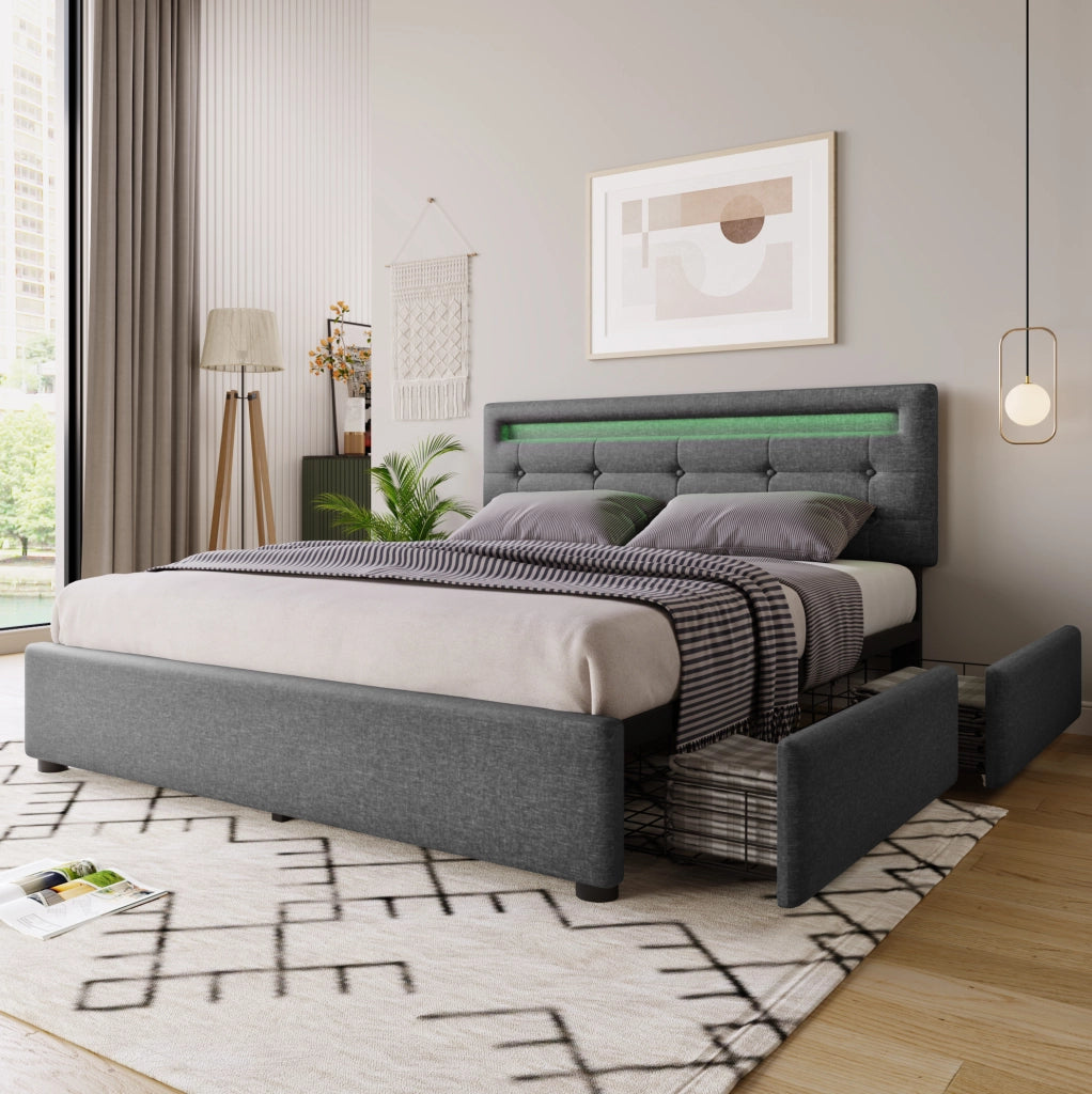Letto imbottito ULEVR 140x200 cm con LED, testiera regolabile e 4 cassetti, lino grigio