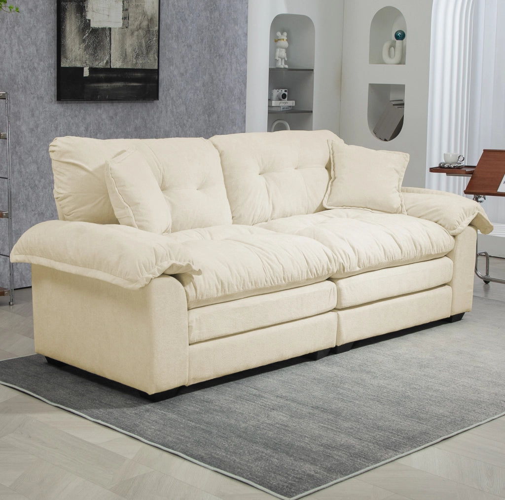 Divano 2 posti 214 cm in ciniglia beige con cuscini sfoderabili HOMVRA