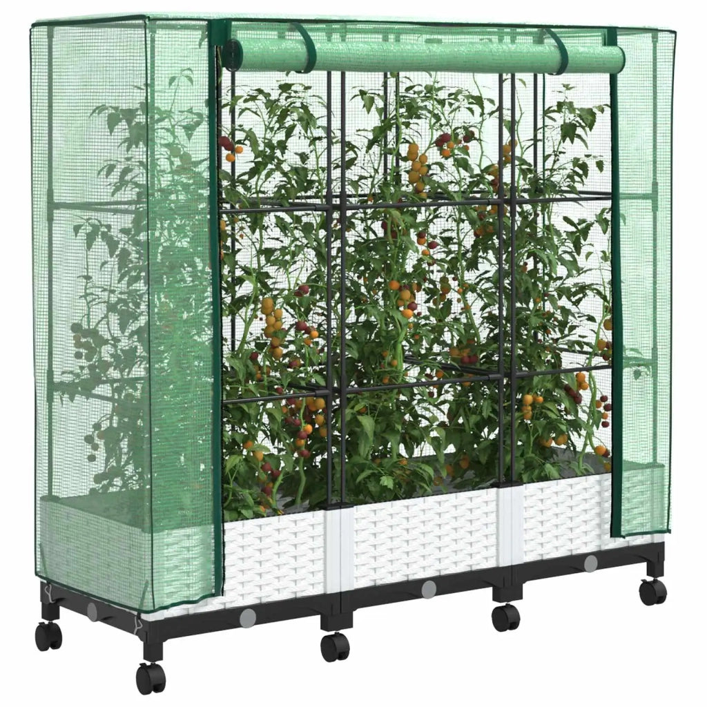 Vaso da Giardino con Copertura per Serra e Ruote 3 pz Bianco PP 3423065
