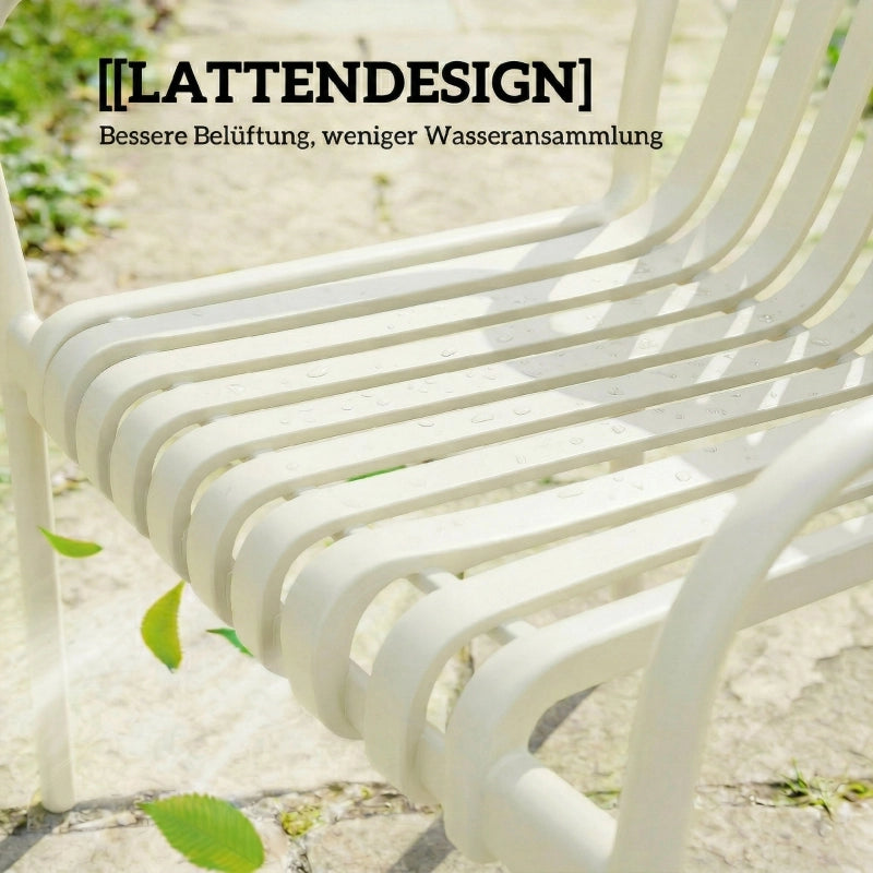 Set di 4 sedie da giardino impilabili con braccioli a doghe, ergonomiche, color crema.