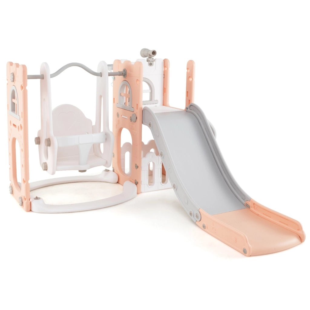 Set di gioco per bambini con altalena da basket e telescopio con spazio portaoggetti, 7 in 1 set di scivolo e altalena a forma di L Grigio e rosa