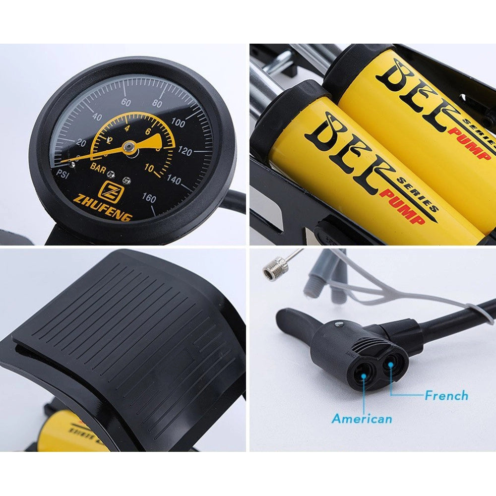 Trade Shop - Gonfiatore Pompa A Pedale Manometro A 2 Cilindri Bici Auto Moto 10 Bar 160 Psi -