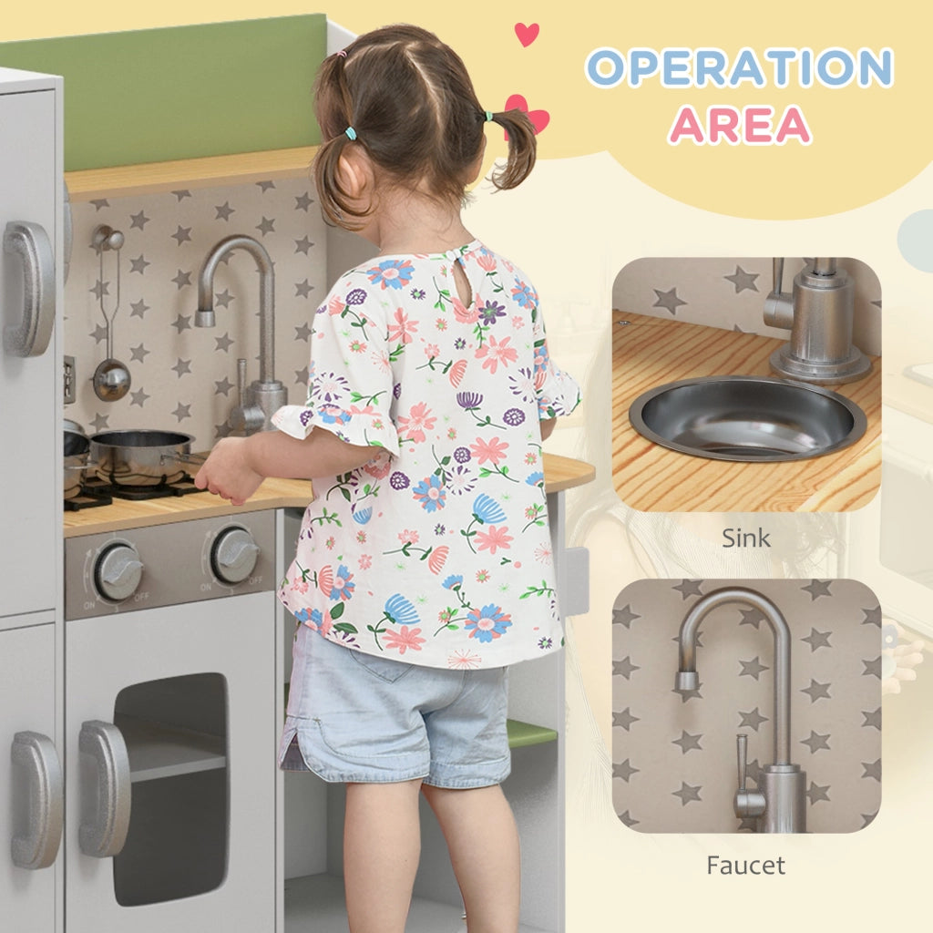 EasyComfort Cucina Giocattolo per Bambini 3-6 Anni con Macchina del Ghiaccio e Utensili, 84x34x89 cm, Bianco e Verde