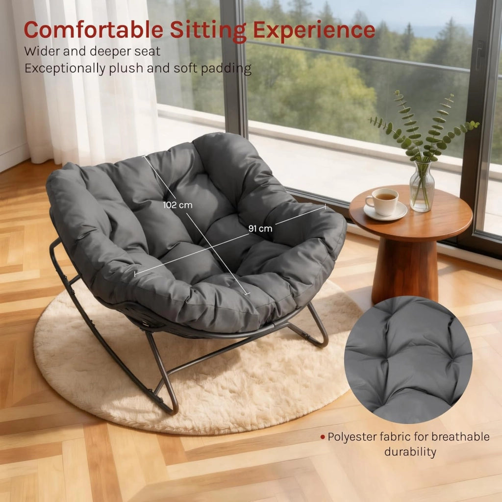 Sedia a Dondolo a Forma di Uovo, Poltrona Relax con Gambe Curve, Struttura in Metallo e Cuscino in Poliestere, Portata 150 kg, per Salotto e Balcone, Grigio Scuro