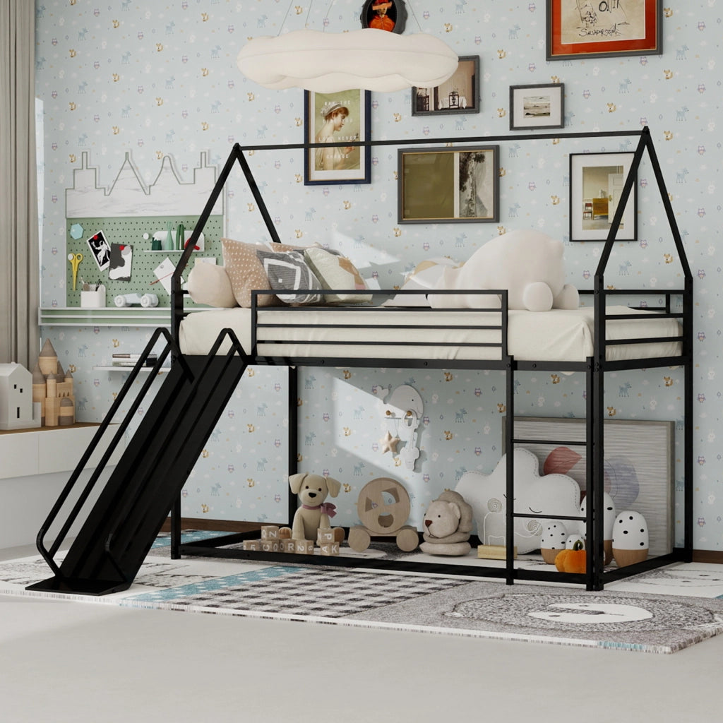 Letto a castello per bambini 90 × 190 cm con scivolo e scale, senza materasso, in ferro, nero