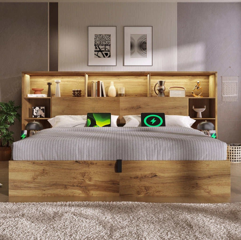 Letto matrimoniale 160x200 cm rovere con LED e USB-C