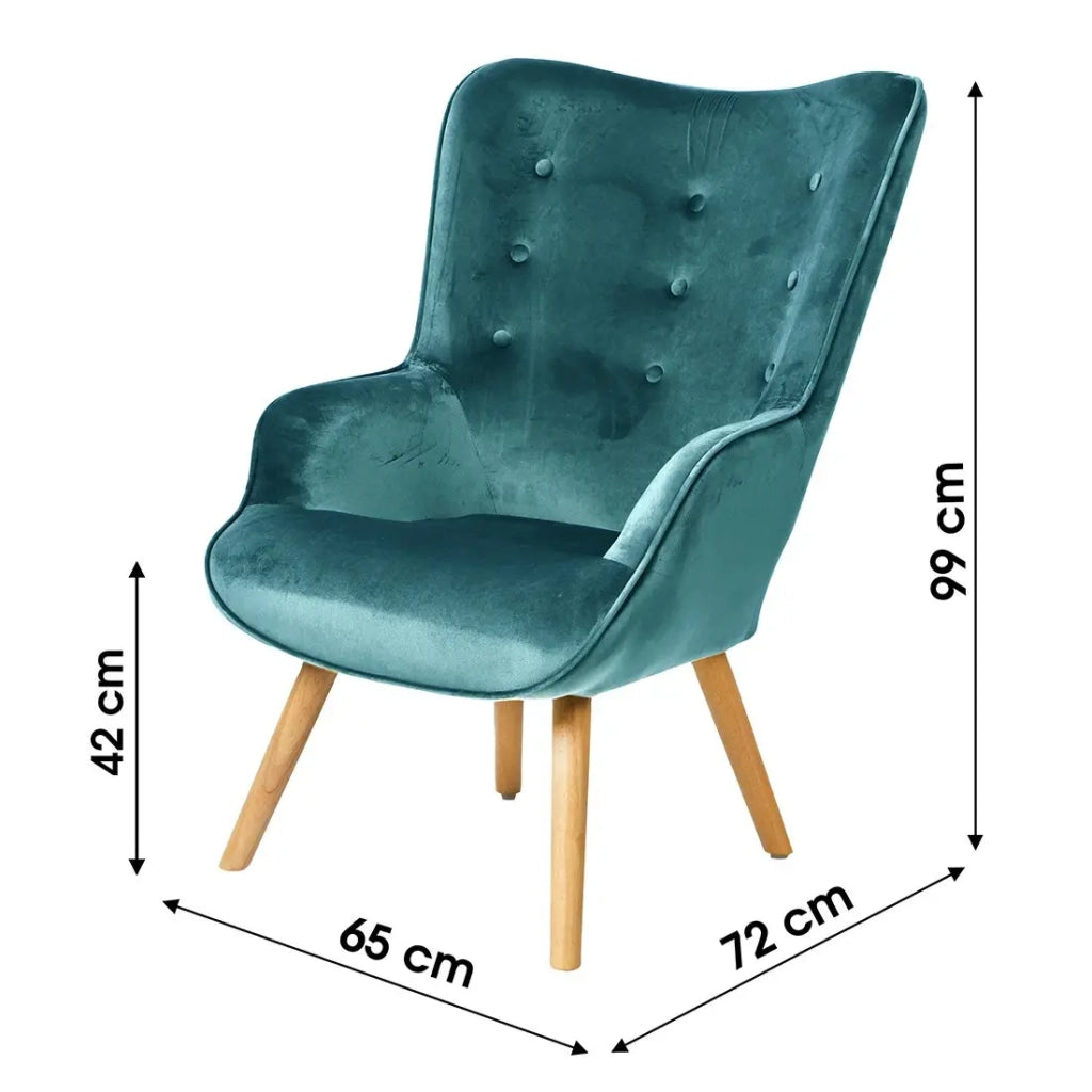 Poltrona da salotto in velluto blu petrolio con piedi in legno collezione ENJOY. Stile scandinavo.