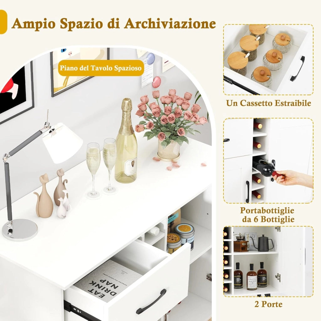Credenza Buffett da Cucina con 6 Cubi Porta Bottiglie di Vino, Mobile da Cucina con Cassetto, 2 Ante e 2 Ripiani Regolabili, Armadio in Legno Salvaspazio per Soggiorno, 90 x 40 x 79 cm, Bianco