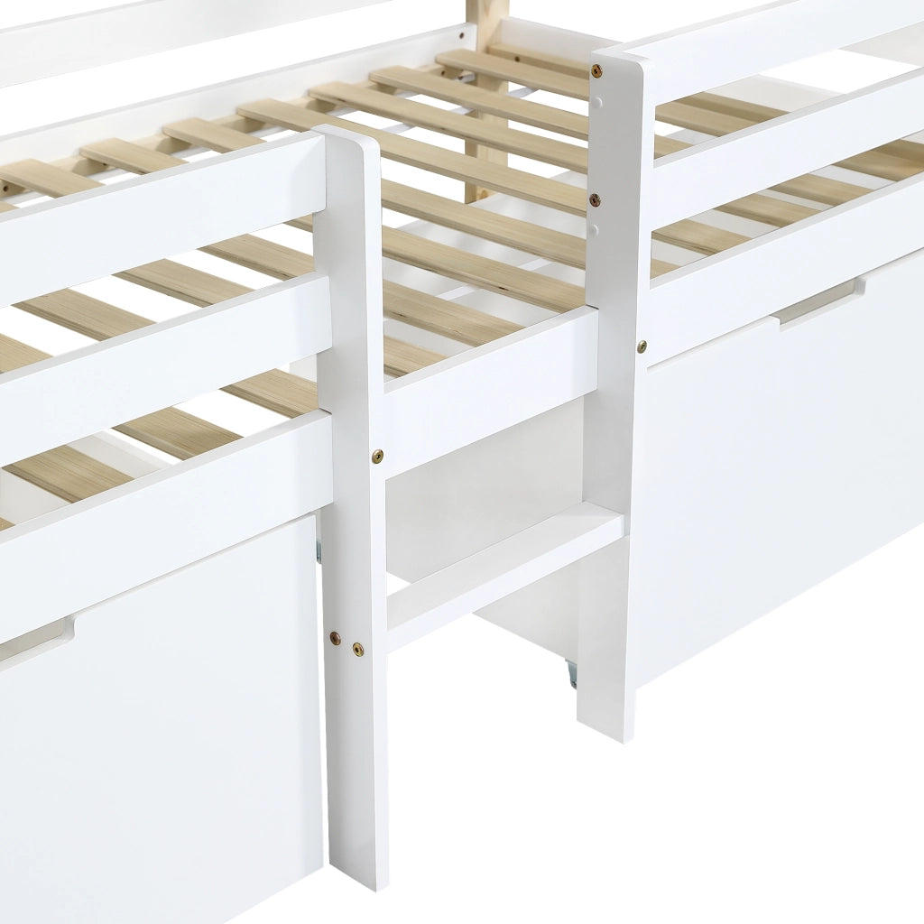 Letto Casetta per Bambini con Tetto e Scala ¨C MINIMAL ¨C Pino+MDF Bianco+Naturale 90x200