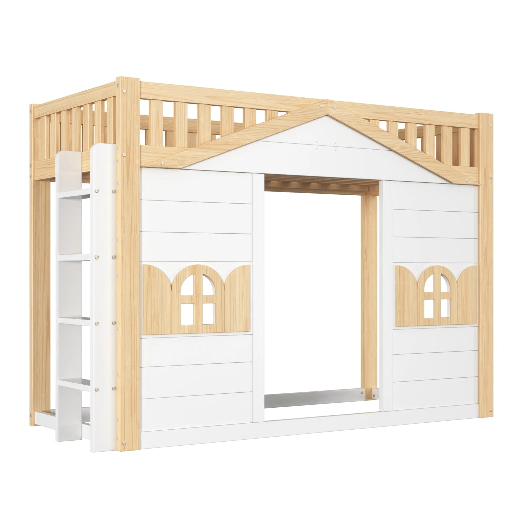 Letto a casetta singolo 90x200 cm con finestra; in legno di pino bianco