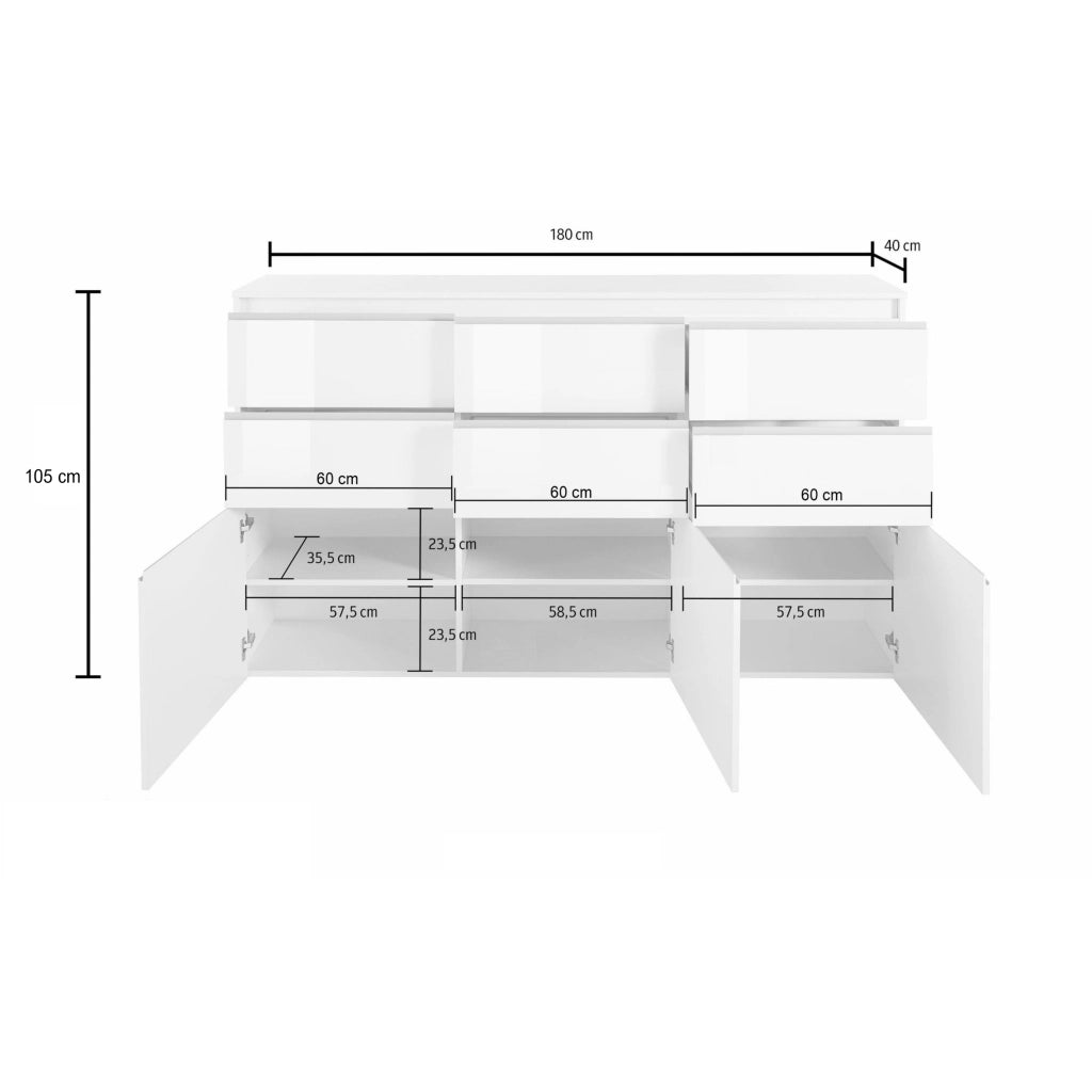 WHOUS Credenza a cassettiera Magic 3 ante e 6 cassetti bianco lucido 180x40x105 cm