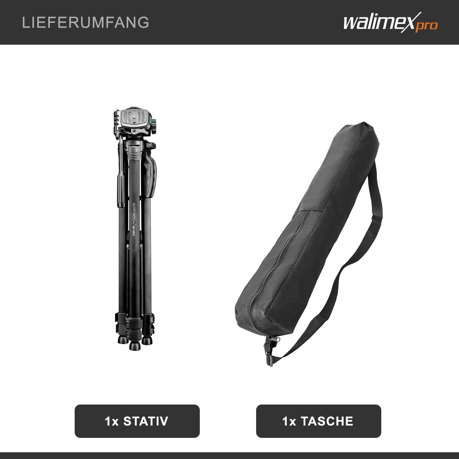 WT-3570 Cavalletto fotografico basic 168 cm nero, con testa a 3 vie e livella, Treppiede Stativo per foto video fotocamere DSLR DSLM action cam