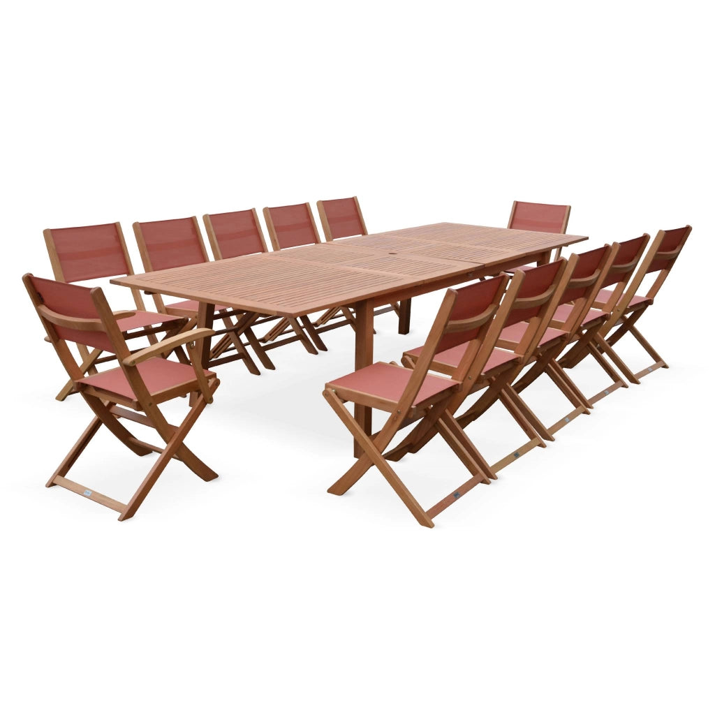 Set tavolo da giardino estensibile in legno con 10 sedie, marrone