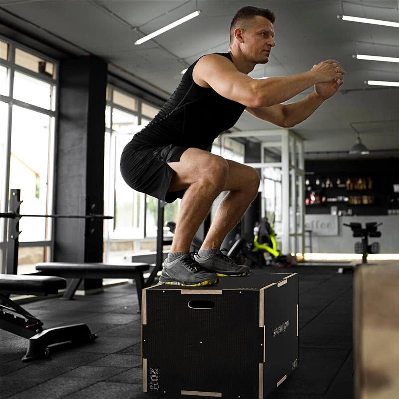 BOX JUMP PLIOMETRICO A 3 ALTEZZE IN LEGNO ANTISCIVOLO, 76-61-51CM, NERO