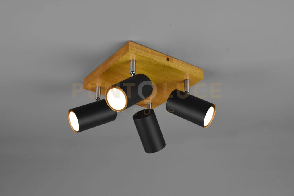 MARLEY PLAFONIERA 4 SPOTS CIL. NERI BASE LEGNO NATURALE L. 22CM ATTACCO GU10