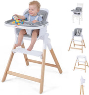 Seggiolone Pappa Pieghevole 4 in 1 con Cuscino di Seduta (Grigio) | Seggiolone per Neonati 6-36 Mesi con Vassoi Rimovibili, Portabicchieri, Cintura di Sicurezza e Gambe in Legno