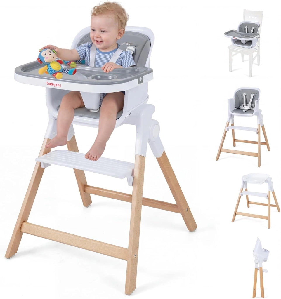 Seggiolone Pappa Pieghevole 4 in 1 con Cuscino di Seduta (Grigio) | Seggiolone per Neonati 6-36 Mesi con Vassoi Rimovibili, Portabicchieri, Cintura di Sicurezza e Gambe in Legno