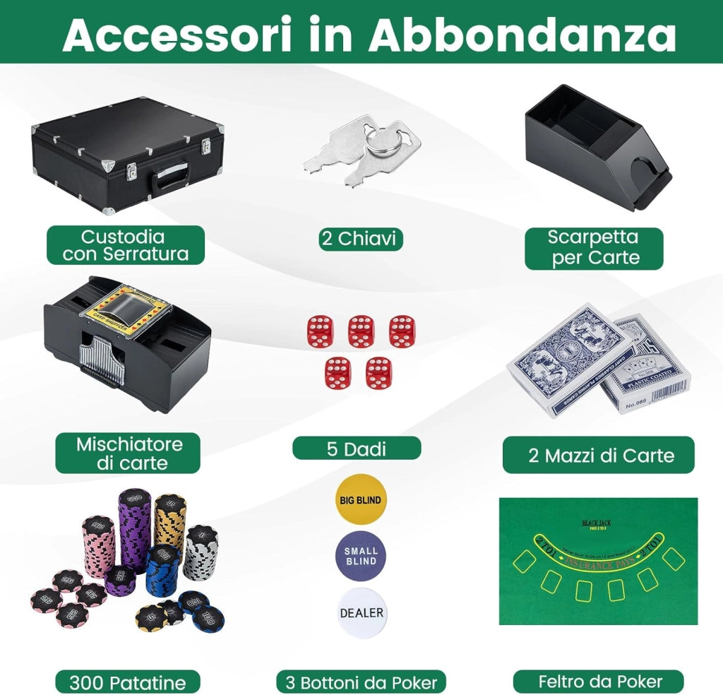 Set di Fiches da Poker con 300/600 Fiches, 2/6 Mazzi di Carte 5 Dadi Mescolatore Automatico di Carte e Tappeto, Scatola Portatile, Poker Chips per Party Viaggi e Feste (300 PCS)