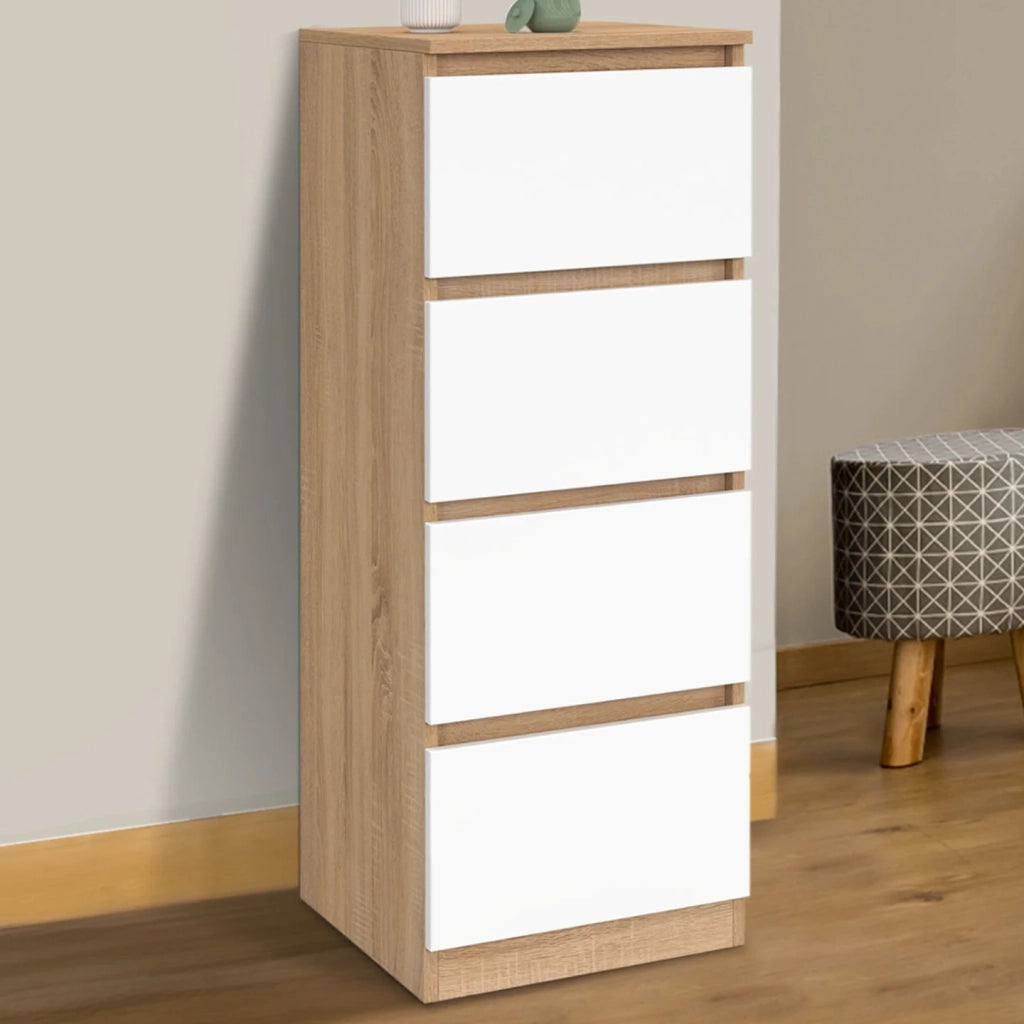 IDMarket - Mobile laterale a 4 cassetti TOMI 30 cm in faggio e chiffoniera bianca per ingresso bagno
