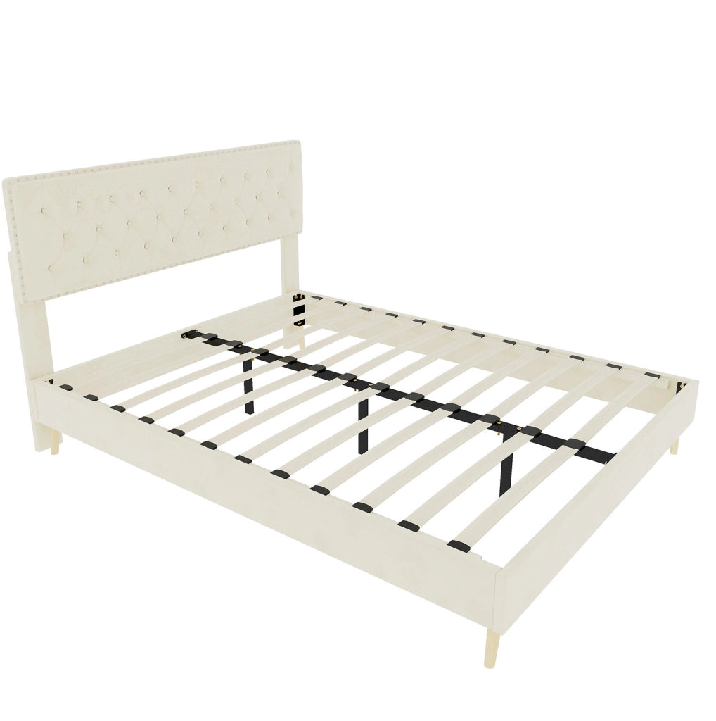 Letto 140x200 cm in velluto olandese beige con testiera alta e rete a doghe