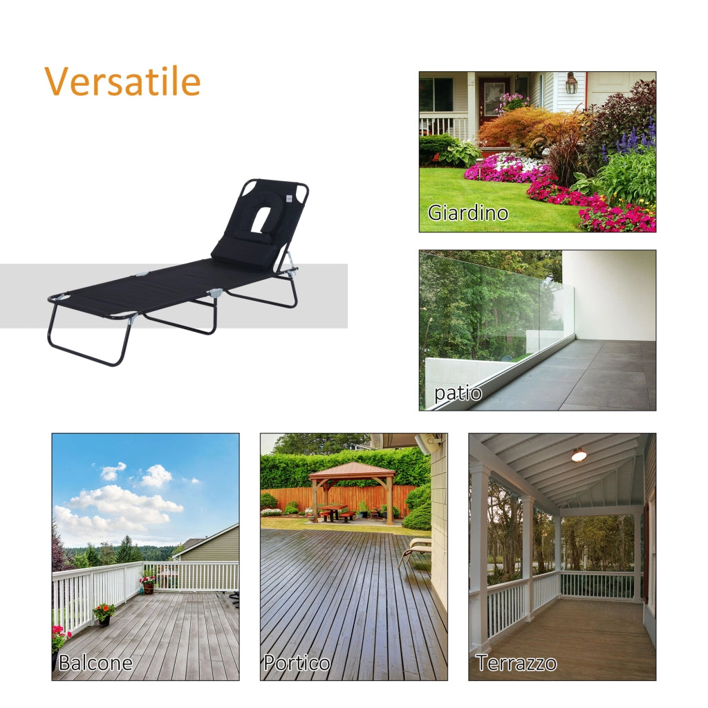 Easycomfort Sdraio Pieghevole Reclinabile su 4 Livelli con Foro per Lettura e Cuscino in Tessuto Oxford e Acciaio, 187x58x36 cm, Nero