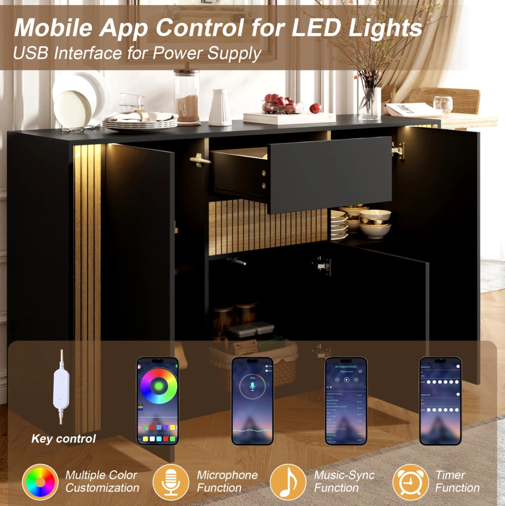 Credenza con 3 ante; 1 cassetto e LED regolabile; 140x40x82 cm; nero naturale