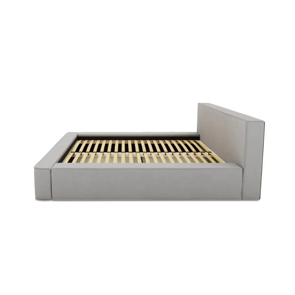 Letto contenitore VELORA – Grigio sabbia bouclé – 160x200 cm – Tessuto velluto morbido – Rete sollevabile – Spazio di stoccaggio integrato