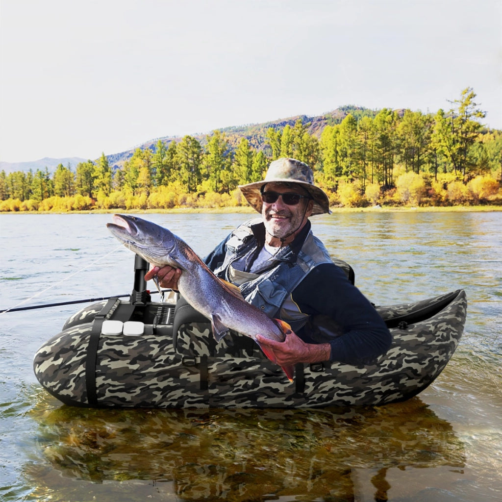 Galleggiante da pesca gonfiabile con pompa di pedale, Barca da pesca portatile con capacit¨¤ di carico 150kg Verde mimetico-Sport acquatici
