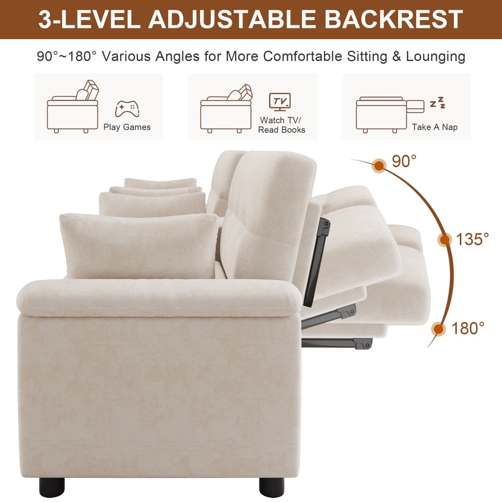 Divano a U letto con doppio modulo estraibile, schienale regolabile, area animali, portabicchieri in chenille beige