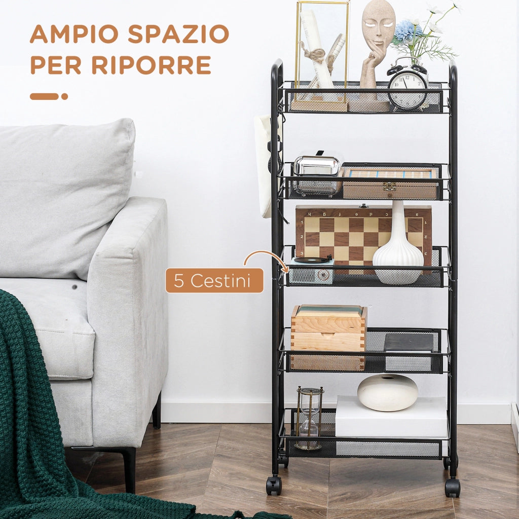 Carrello da Cucina a 5 Livelli con Cestini a Rete in Acciaio ¨C zephmum ¨C 45x26.5x106cm, Nero