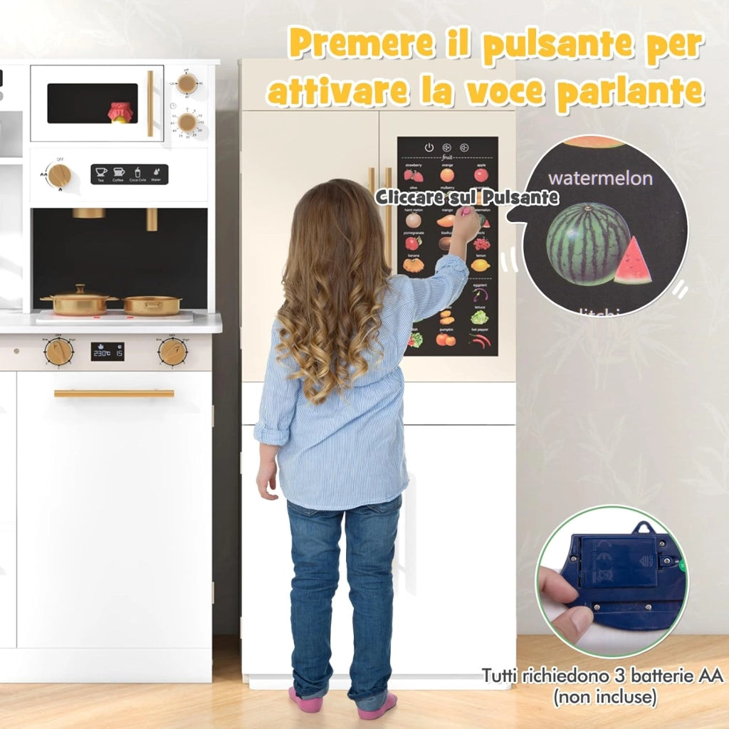 Set da Cucina Giocattolo per Bambini, Cucina per Bambini in Legno con Frigorifero, Macchina da Caffè, Microonde, Fornello, Luci e Suoni Realistici, per 3+ Anni