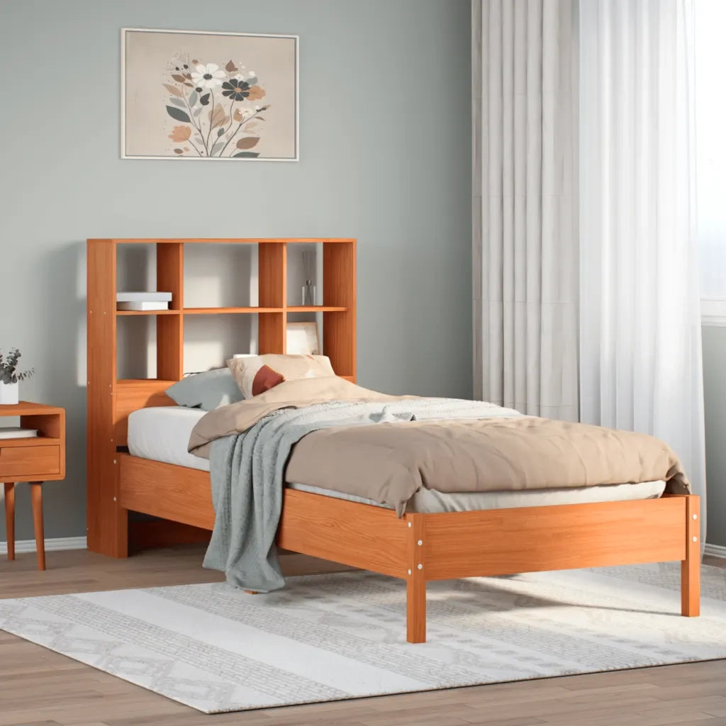 Letto Libreria senza Materasso-Struttura Letto con contenitore Marrone Cera 100x200 cm in Pino 994216