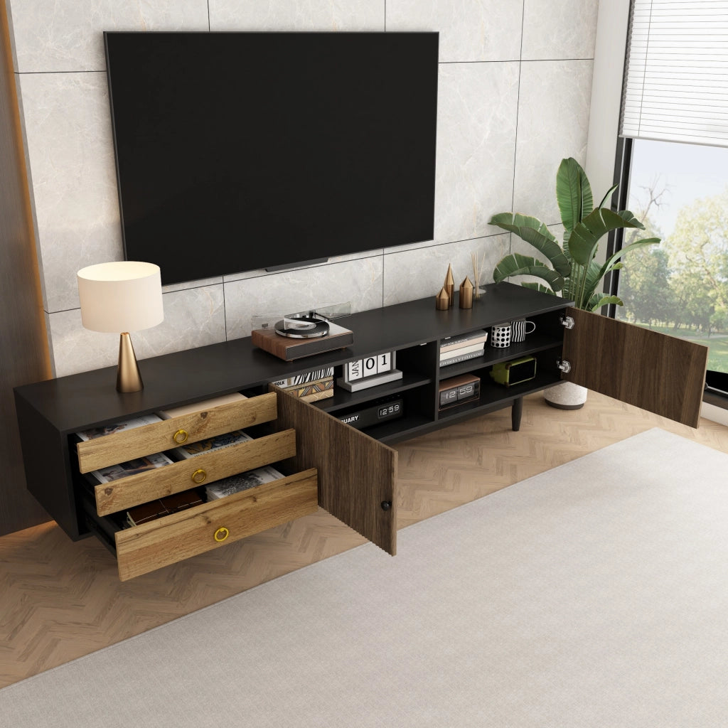 Mobile TV con 2 Ante e 3 Cassetti; Frontali a Motivo Onde; Piedi in Legno Massello; 180??38??50 cm; Nero + Naturale