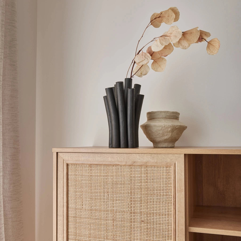 Credenza con decoro in canna e legno, 101.5cm, marrone naturale