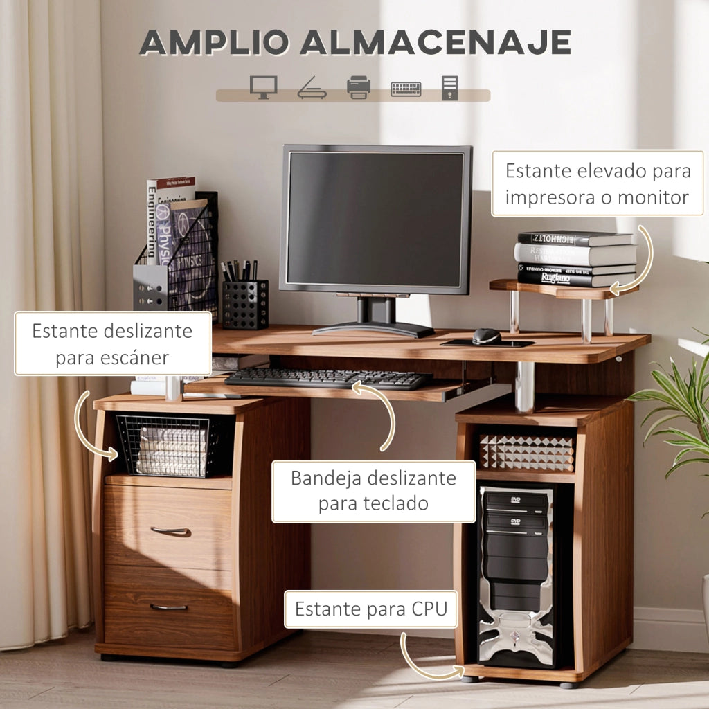 Scrivania per Computer con 2 Cassetti, Ripiani e Supporto Monitor ¨C Zephmum ¨C 120x55x85 cm Marrone