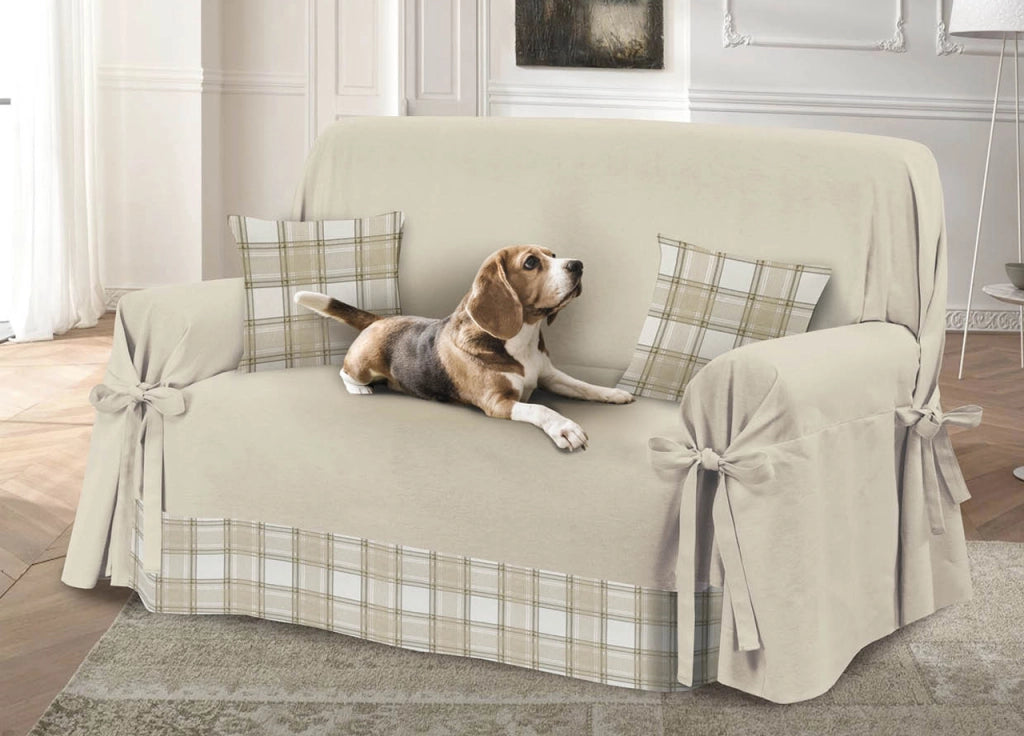Copridivano Con Laccetti Disegno Scozia Colore Beige Modello O.B. - Poltrona - Scozia