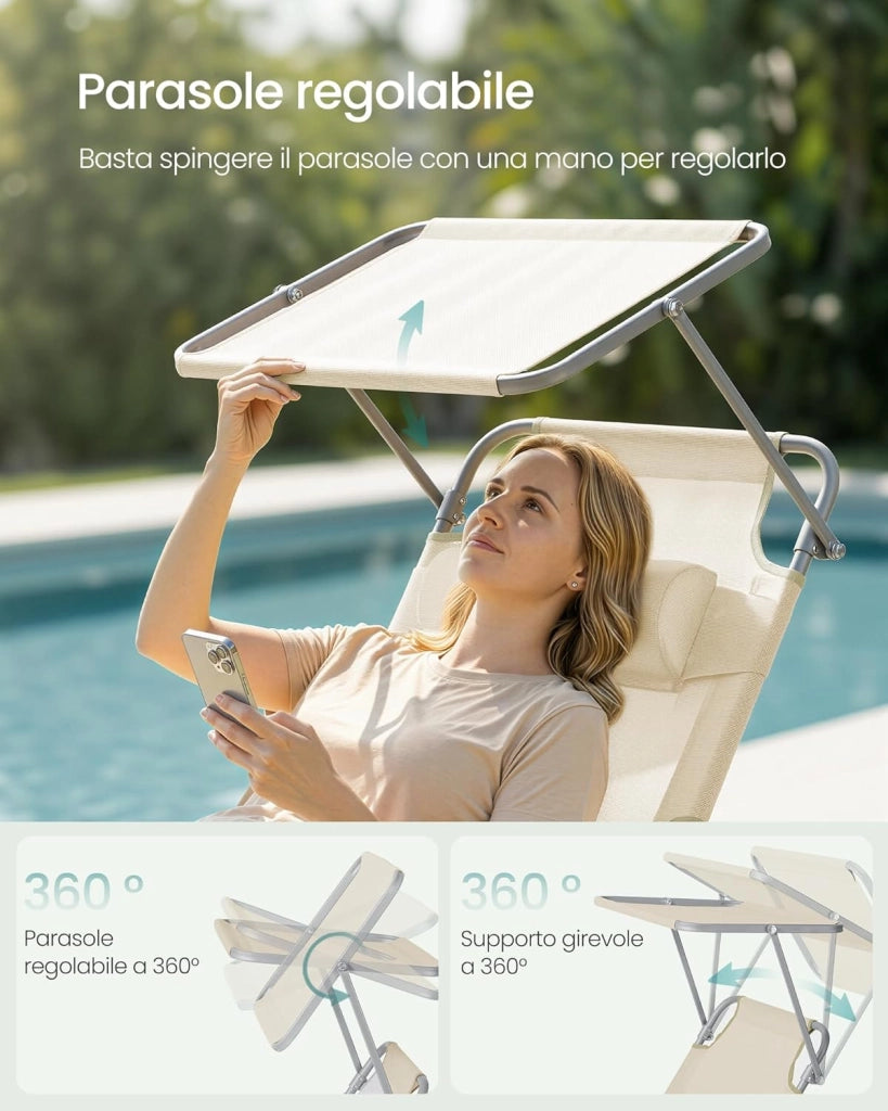 SONGMICS Set da 2 Sedie a Sdraio Pieghevoli, 189 x 53 x 28,5 cm, con Cusicni, Lettini Prendisole, Portata 110 kg Ciascuno, Parasole e Schienale Regolabili, per Terrazza e Balcone, Beige GCB292WZ02