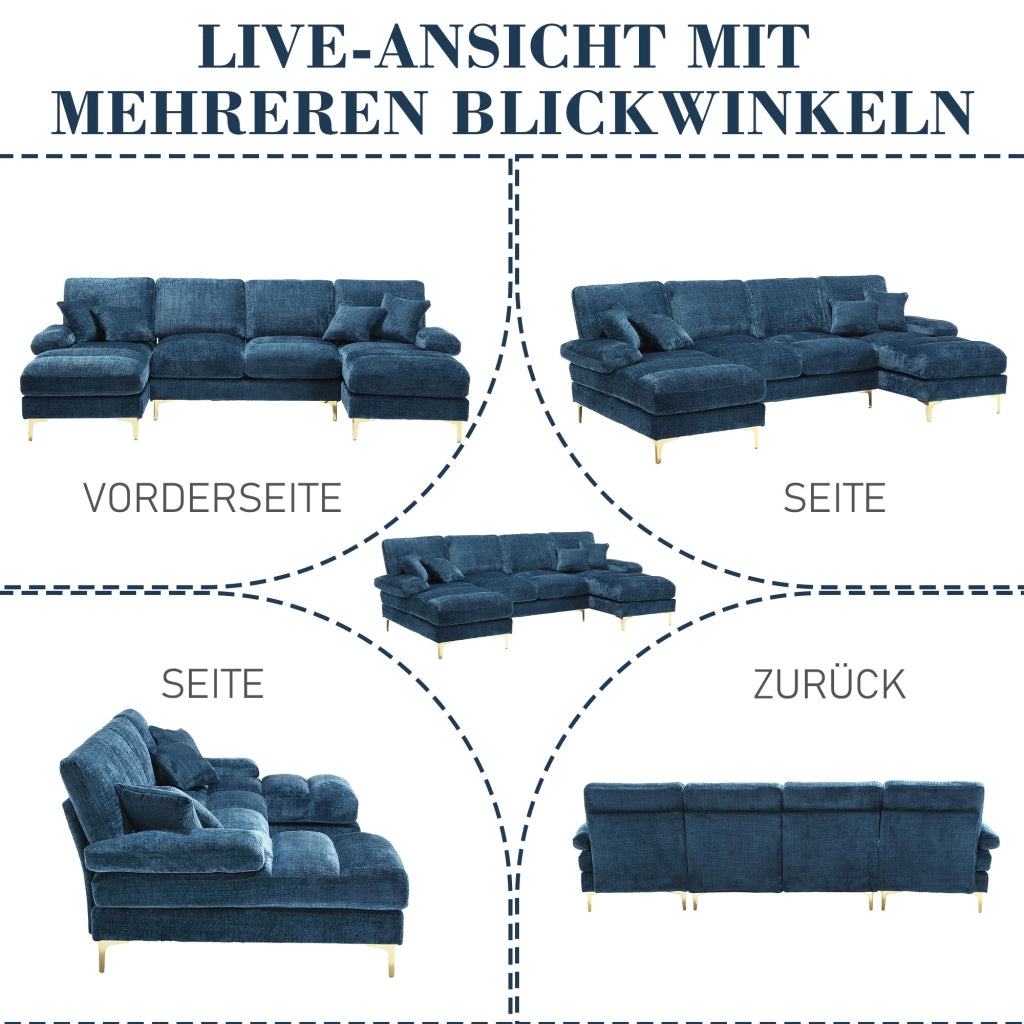OKWISH Divano Panoramico a U, 4 Posti con Doppia Chaise Longue, Seduta Ergonomica e Cuscini, Ciniglia Blu