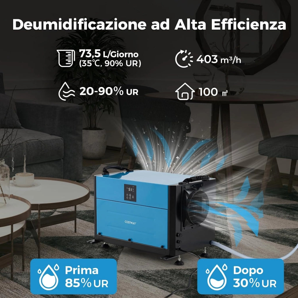 58,5/73,5 L Deumidificatore Commerciale, Deumidificatore Industriale con 3 Modalità e Timer 24H, Sbrinamento Automatico per Cantina Magazzino (73,5 L/giorno Blu)