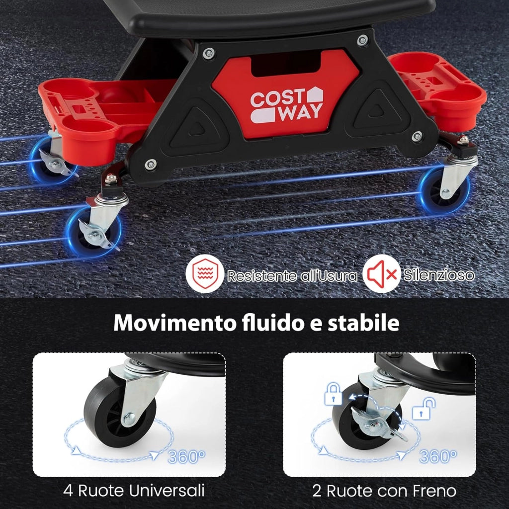 Sgabello da Officina con Ruote, Sedia Meccanico con Cassetto Estraibile e 2 Vassoi Divisori, Capacità di 135 kg, per Riparazione Auto, per Garage e Officina