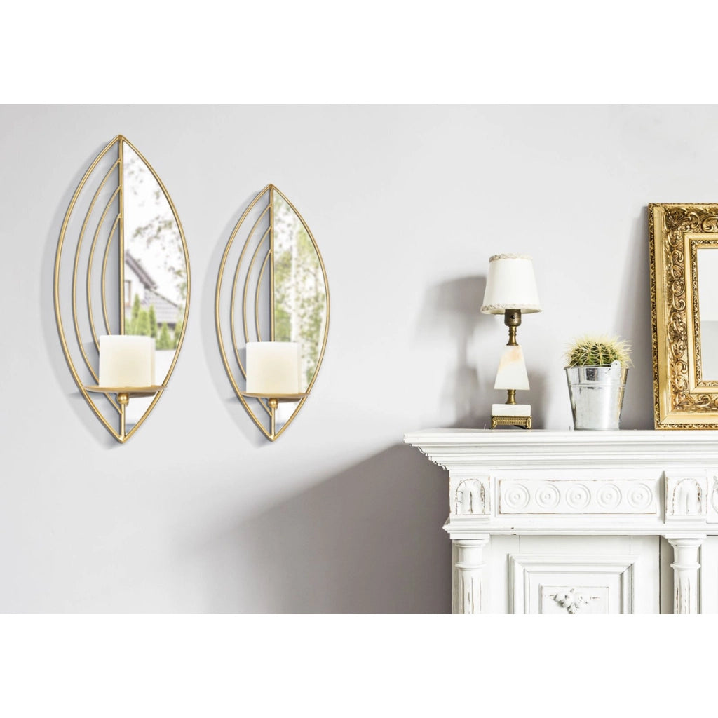 Set 2 portacandele da muro Leaf in ferro dorato e specchio CM 18x13x41 e 15x13x35