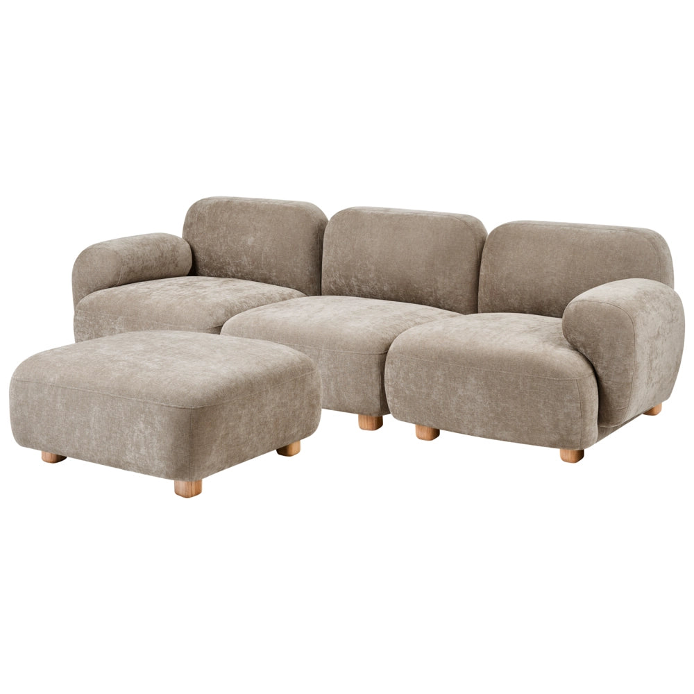 Divano modulare a 3 posti in tessuto con pouf tre elementi idrorepellente gambe in legno beige stile moderno