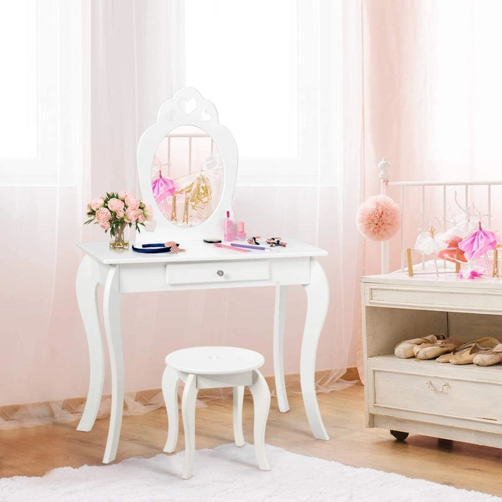 Specchiera Toeletta per Bambini, Set di Tavolo e Sgabello Giocattolo da Trucco in Legno con Cassetto e Specchio Rimovibile, Moderno e Multiuso, 70x34x105cm Bianca