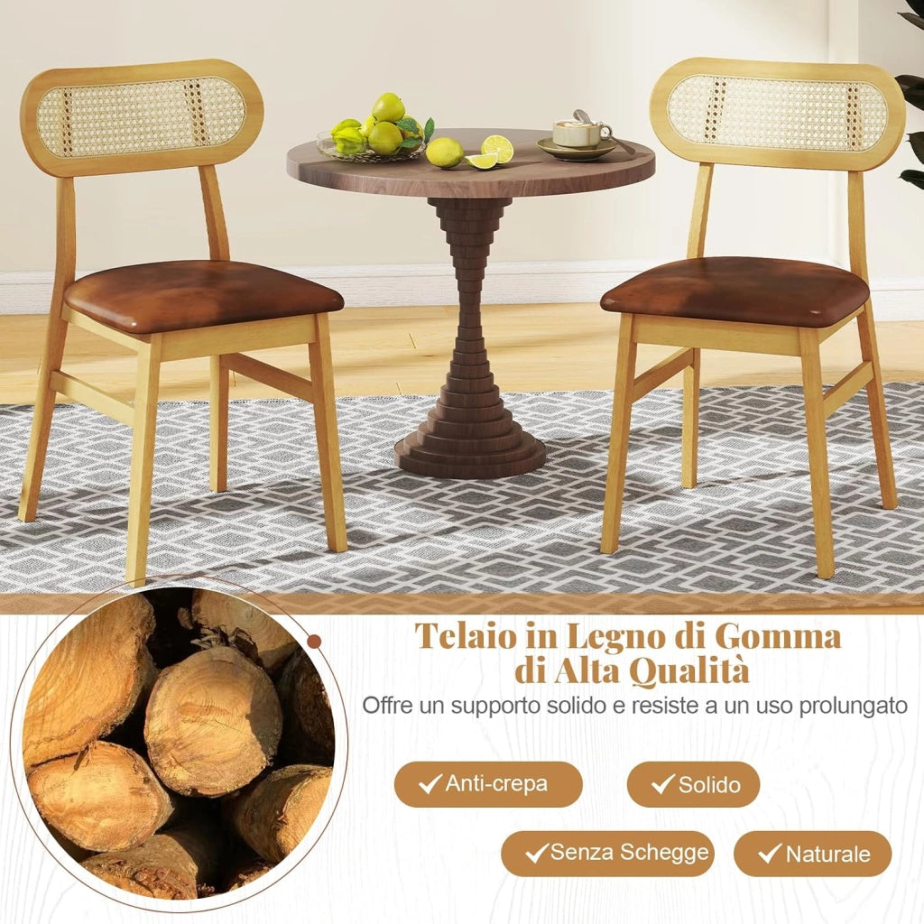 Set 2 Sedie Sala da Pranzo 49 x 48 x 79cm, Sedie da Cucina Moderno con Schienale Ergonomico in Rattan e Seduta in Pelle, Capacità di Carico 180 kg, per Soggiorno e Salotto (Marrone)
