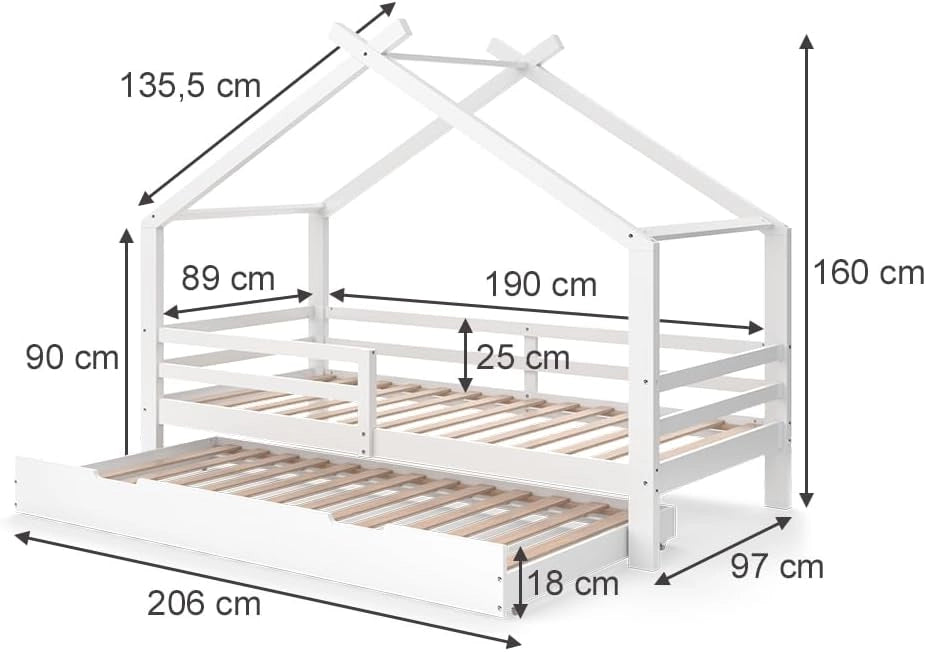 Letto montessori bambini Luni, Bianco, 200 x 90 cm con letto per ospiti, come una piccola casa per un'atmosfera calda