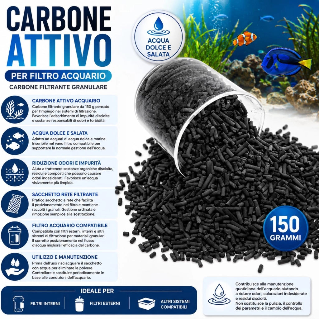 Carbone Attivo per Acquario Acqua Dolce e Salata Filtro 150g/300g/500g 150 g