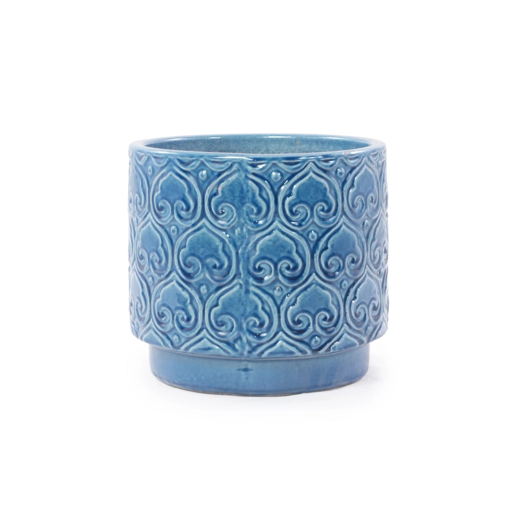 VASO DA FIORI 38 cm in ceramica blu con piede e foro di drenaggio