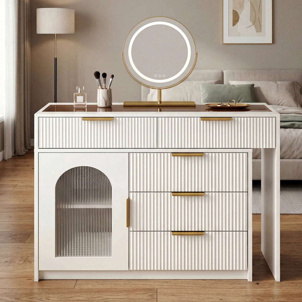 Toeletta con piano estraibile; specchio LED; cassetti e vani con fronti a rilievo; per camera da letto; bianca