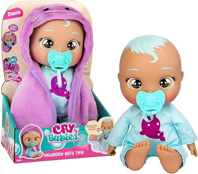 CRY BABIES Newborn Bath Time Dana, Bambola Reagisce Quando Si Bagna, Impermeabile, Piange lacrime Vere, Ha un Accappatoi